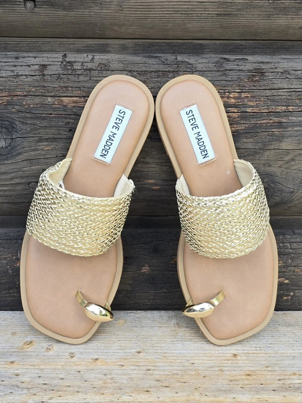Steve Madden Dacey Y2K Coastal Boho Metallic Woven Toe Ring Slide Sandals 7M